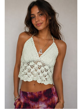 Handmade Crochet Halter Crop Top Mint Green Boho Pineapple Lace Size L